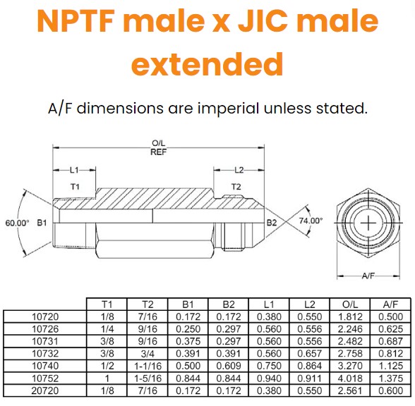 1/8 NPTF x 7/16 JIC EXTENDED M/M Hydraulic Adaptor